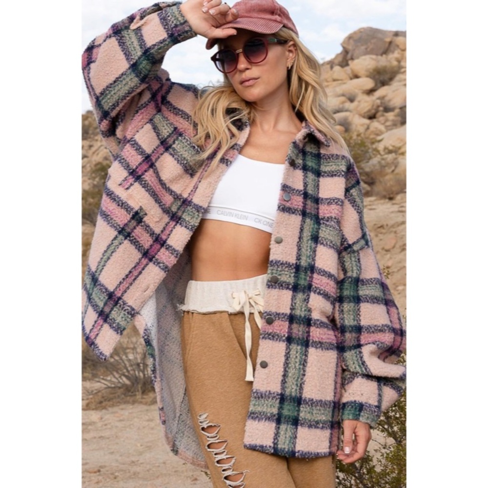 SOLD OUT Pink Plaid Distressed Boho Oversized Shacket - Picture 1 of 9